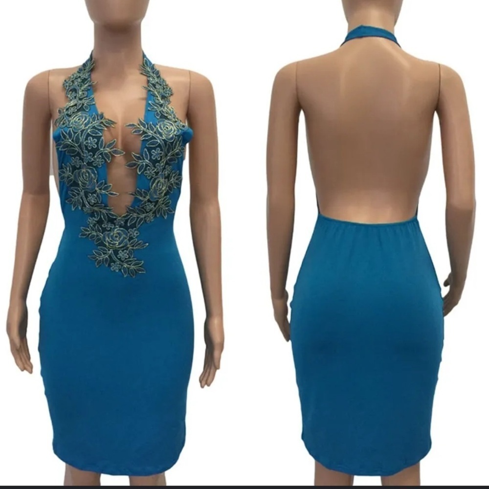 Blue Halter Dress with Gold Floral Embroidery Size Medium
